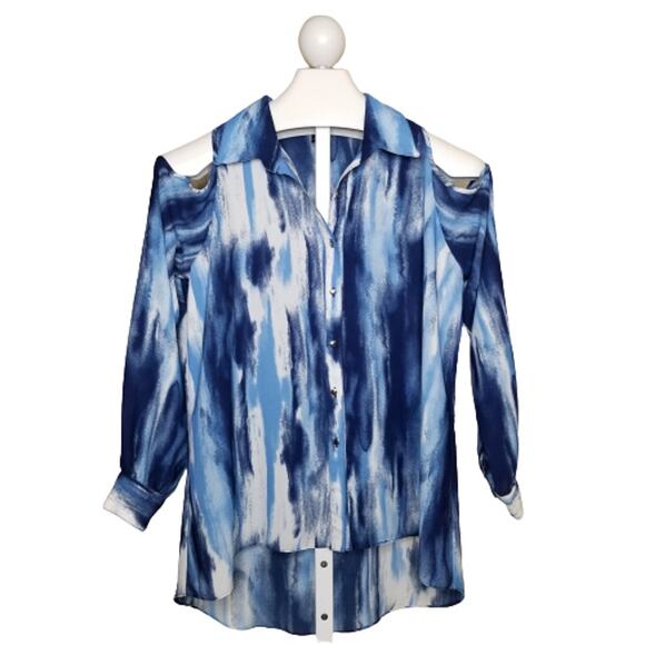 Sami & Jo Cold Shoulder Hi/Low Watercolor Blouse - Picture 1 of 7